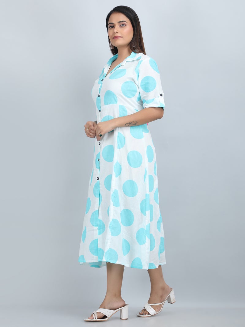 Shifory A-Line Printed Dress for Women, White and Aqua - Image 3